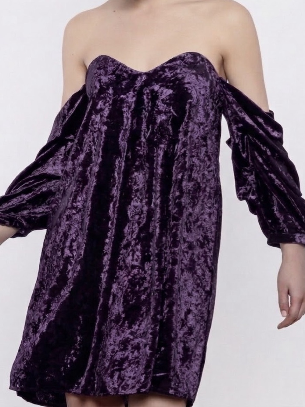 Alpha & Omega Purple Crushed Velvet Off Shoulder Mini Dress Boning Bell Sleeve S